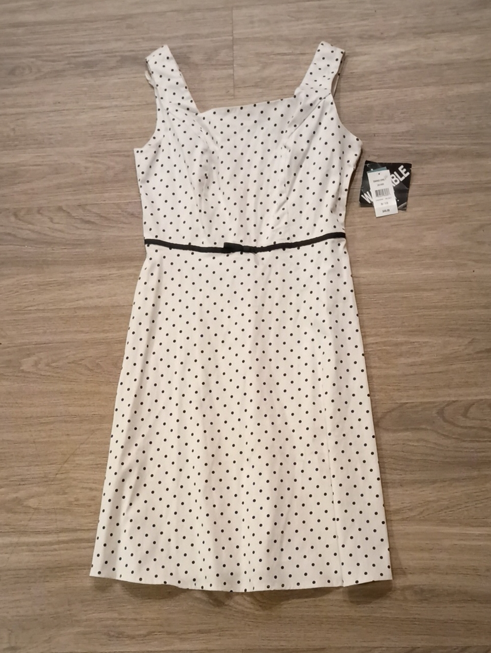 Sleeveless White Midi Dress with Black Polka Dots and Black Waist Belt